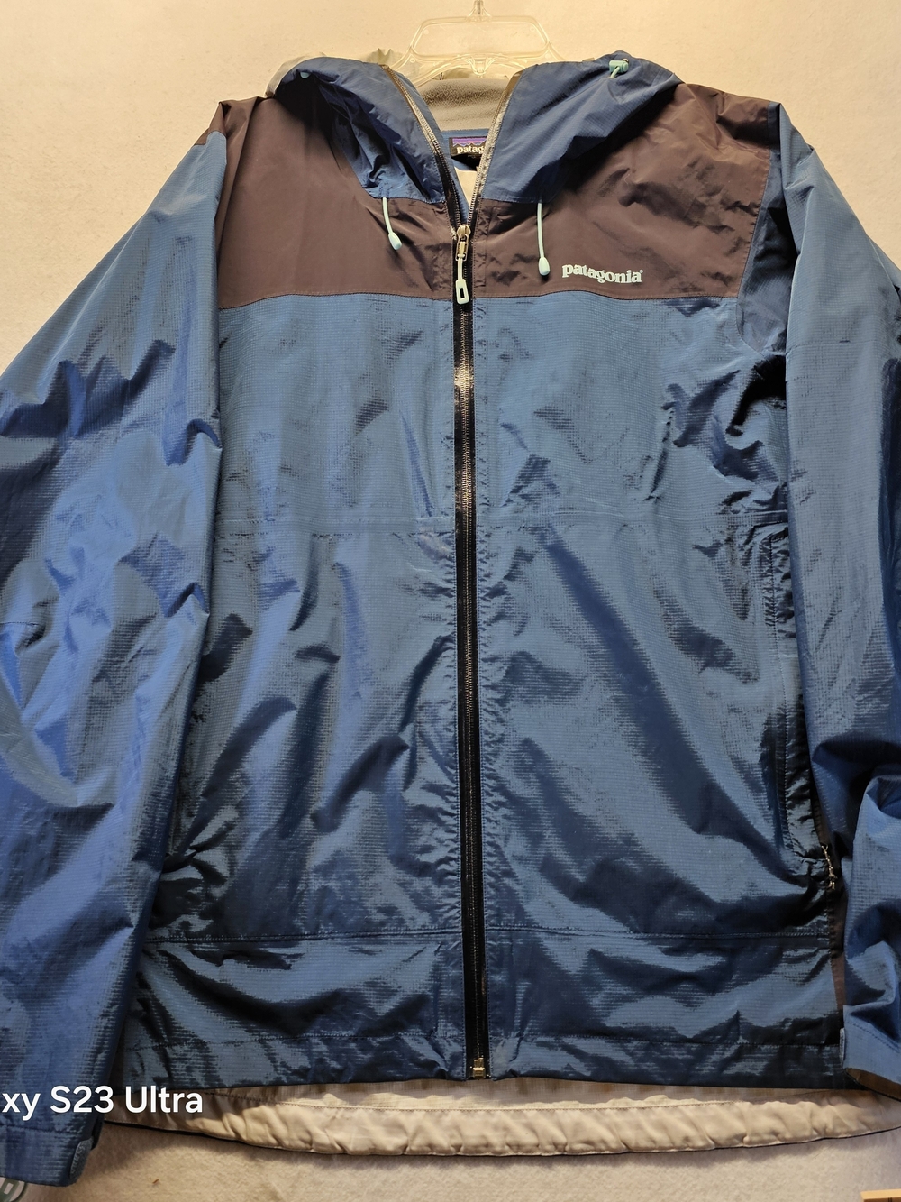 Patagonia Blue Hooded Windbreaker with Navy Yoke